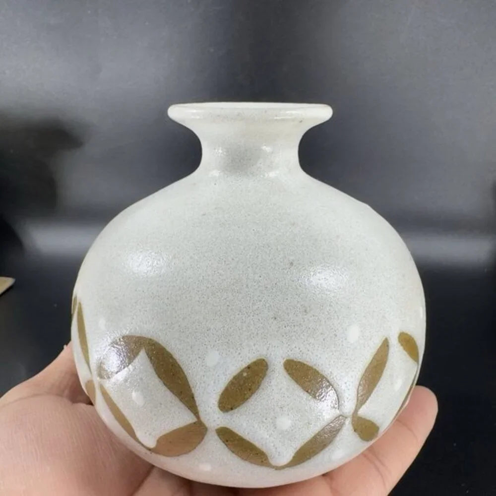 Vintage 1990s Hand Made Stoneware‎ Pottery Vase Round Bottom Brown Pattern VTG